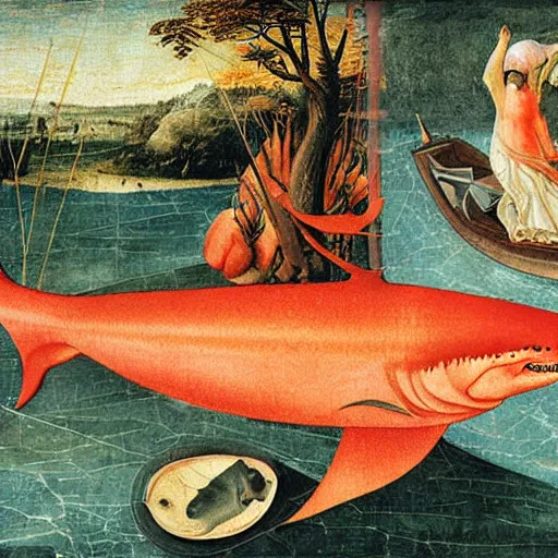 Image similar to flaming calssical iridescent rivulet rectangle shark papaya can burger , by Juan Giménez and Sandro Botticelli and Hieronymus Bosch , Low poly , flat shading , child's drawing