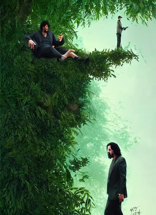 Image similar to highly detailed comedy caper movie poster with silly wacky zany keanu reeves hiding in leaves, keanu reeves face inside a leafy bush by greg rutkowski