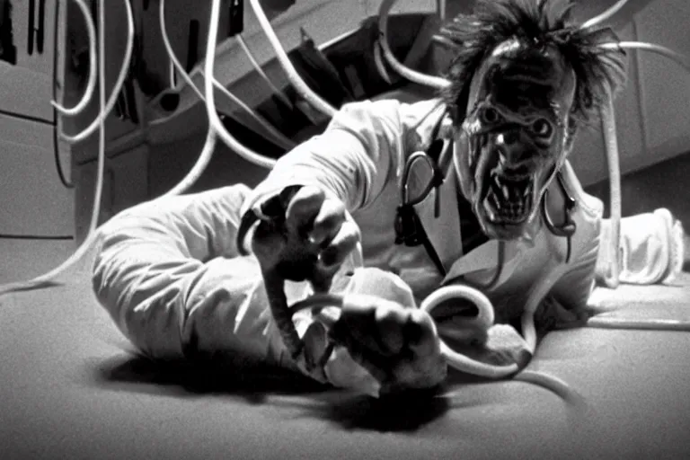 Prompt: filmic extreme wide shot dutch angle movie still 35mm film color photograph of a doctor getting his both his legs pulled and torn off by a bundle of dangerous alien worms coming from off camera, blood slattering, in the style of The Thing 1982 horror film