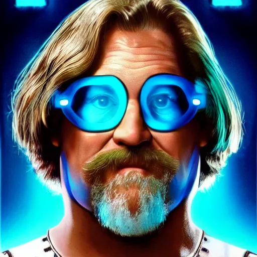 Image similar to dude lebowski played by jeff bridges ( accurate facial proportions ), in tron world, photorealistic movie still, detailed 8 k, poster style, high resolution