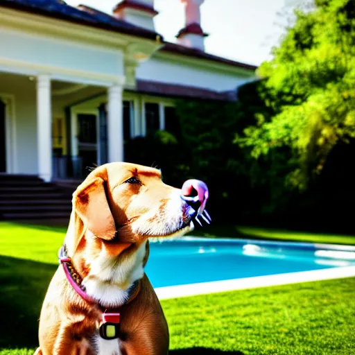 Image similar to a very detailed photo of a dog smoking a cigar outside the mansion by the pool