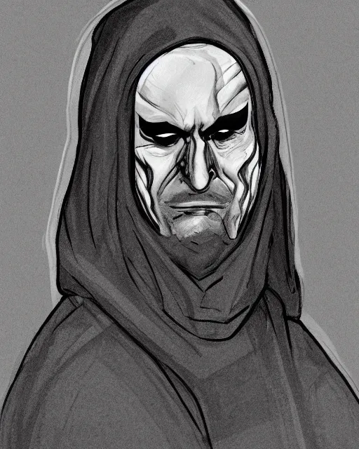 Image similar to character concept portrait of a man in dark robes, hooded, drawn by greg rukowtski