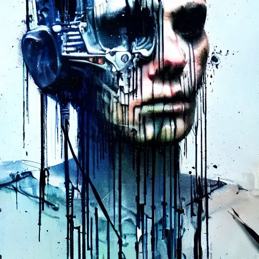 Prompt: a cyberpunk noir detective, skulls, wires cybernetic implants, machine noir steelpunk grimcore in cyberspace photoreal, atmospheric by jeremy mann francis bacon and agnes cecile, ink drips paint smears digital glitches