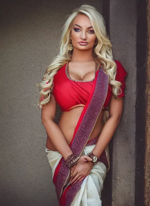 Image similar to selfie photo of lindsey pelas wearing saree on instagram, natural light, detailed face, canon eos c 3 0 0, ƒ 1. 8, 3 5 mm, 8 k, medium - format print