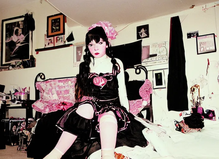 Image similar to goth girl in a maid outfit, cluttered bedroom, 2 0 0 6