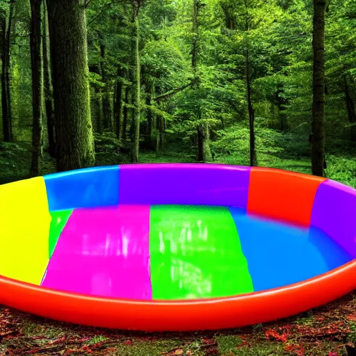 Image similar to weird colorful toy pool in the middle of a forest, realistic photo 8k