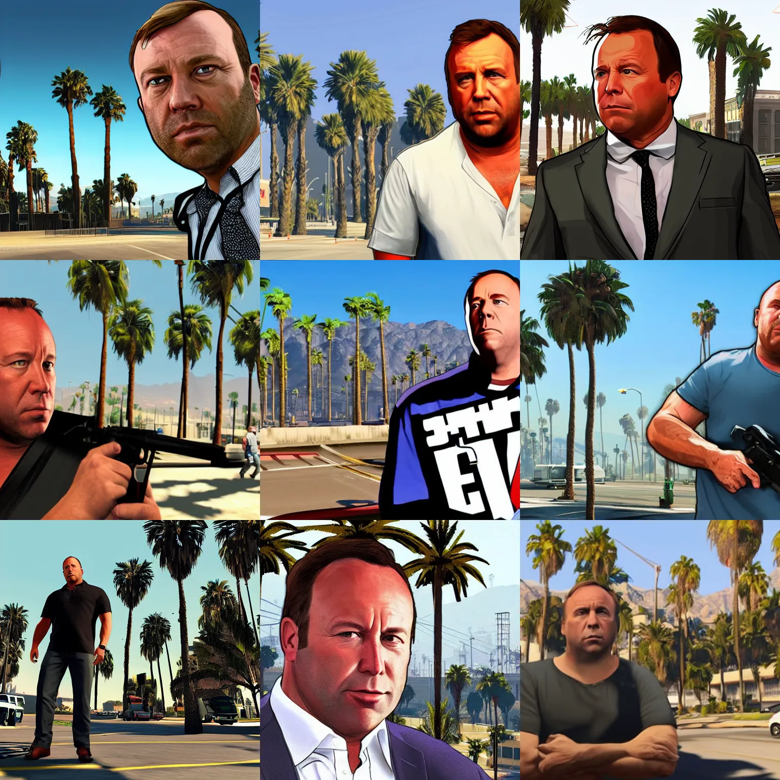 Prompt: Alex jones in GTA V . Los Anglels in background, palm trees. in the art style of Stephen Bliss