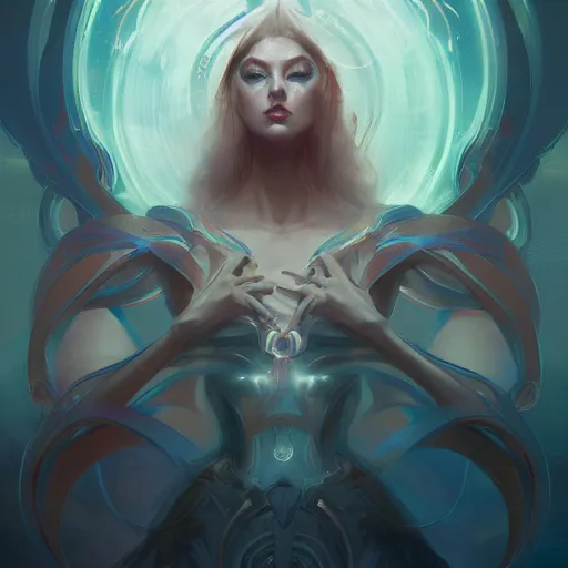 Prompt: portrait of a beautiful metaphysical cybernetic emanation, concept art by pete mohrbacher and artgerm and wlop, digital art, highly detailed, intricate, fantasy, mystical, sharp focus, Trending on Artstation HQ, deviantart, unreal engine 5, 4K UHD image