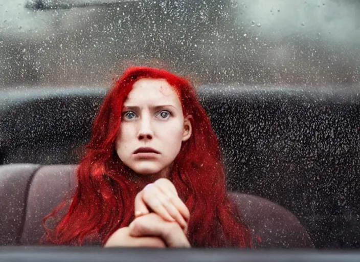 Image similar to A very high resolution image from a new movie, inside of a car, teen red hair woman, raining, hot, directed by wes anderson