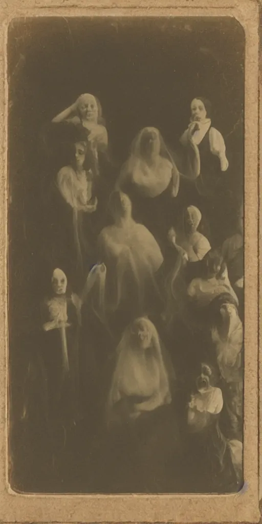 Prompt: spirit group photography with glowing bulbous ectoplasm, scary shadow people, sleep paralysis demon, 1 9 0 0 s, slimer, invoke fear and dread, old photograph, daguerreotype