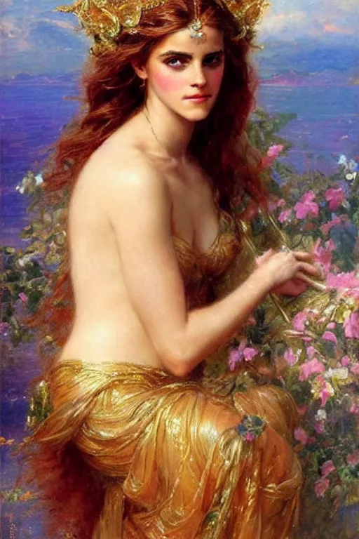 Image similar to portrait of emma watson as the goddess aphrodite. art by gaston bussiere.