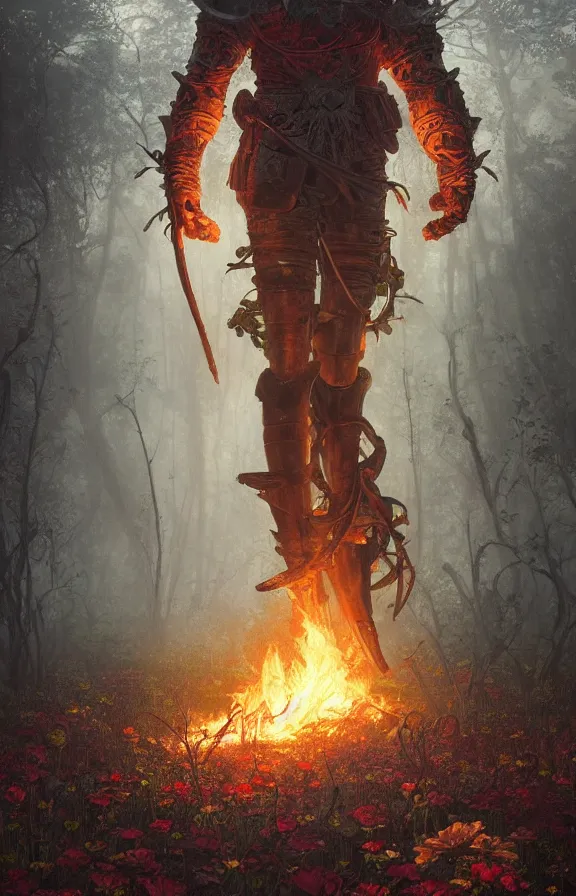 Image similar to portrait of a knight among flowers in dark forest, surrounded by fire and smoke, moody, rim light, dynamic lighting, cinematic shot, gritty, ultra - detail, renderman, physically based render, jean delville, gustave dore and marco mazzoni