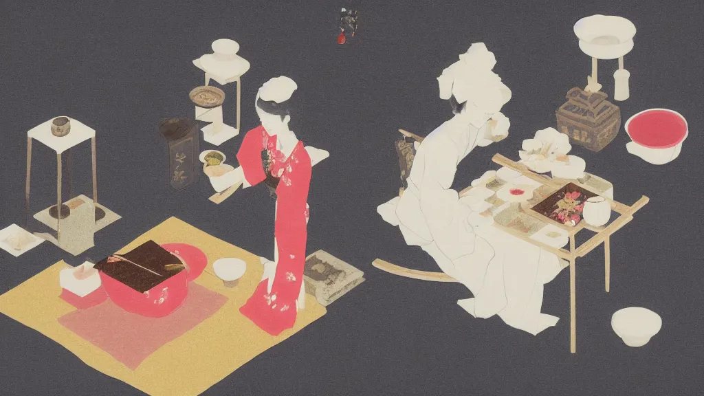 Image similar to a small tea ceremony, japan, a collage painting, in the style of wes anderson, lola dupre, david hockney, isolated on negative white space background dark monochrome neon spraypaint accents volumetric octane render