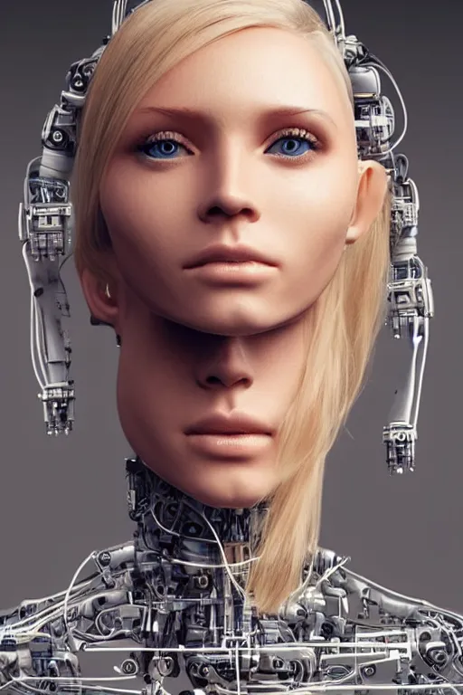 Image similar to robot with human face, female head, full body angle, woman human face, human face realistic, beautiful blonde hair, human head, human head with blonde hair, blonde hair human head, blonde hair, human realistic face, human head skin, cyborg frame concept, cyborg by ales-kotnik, sci-fi android female, the body is made of wires, robotic body, cyborg body, cyborg bust body, robot body cyborg, full body