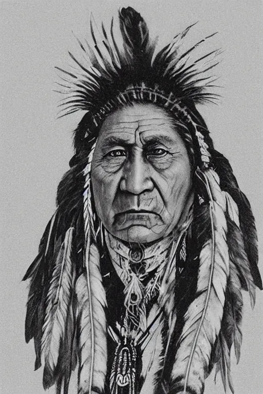 Image similar to “Native American indian, chief sitting bull, portrait, wearing headdress with feathers, pain and sadness on his face, drawn with charcoal pencil, ancient”