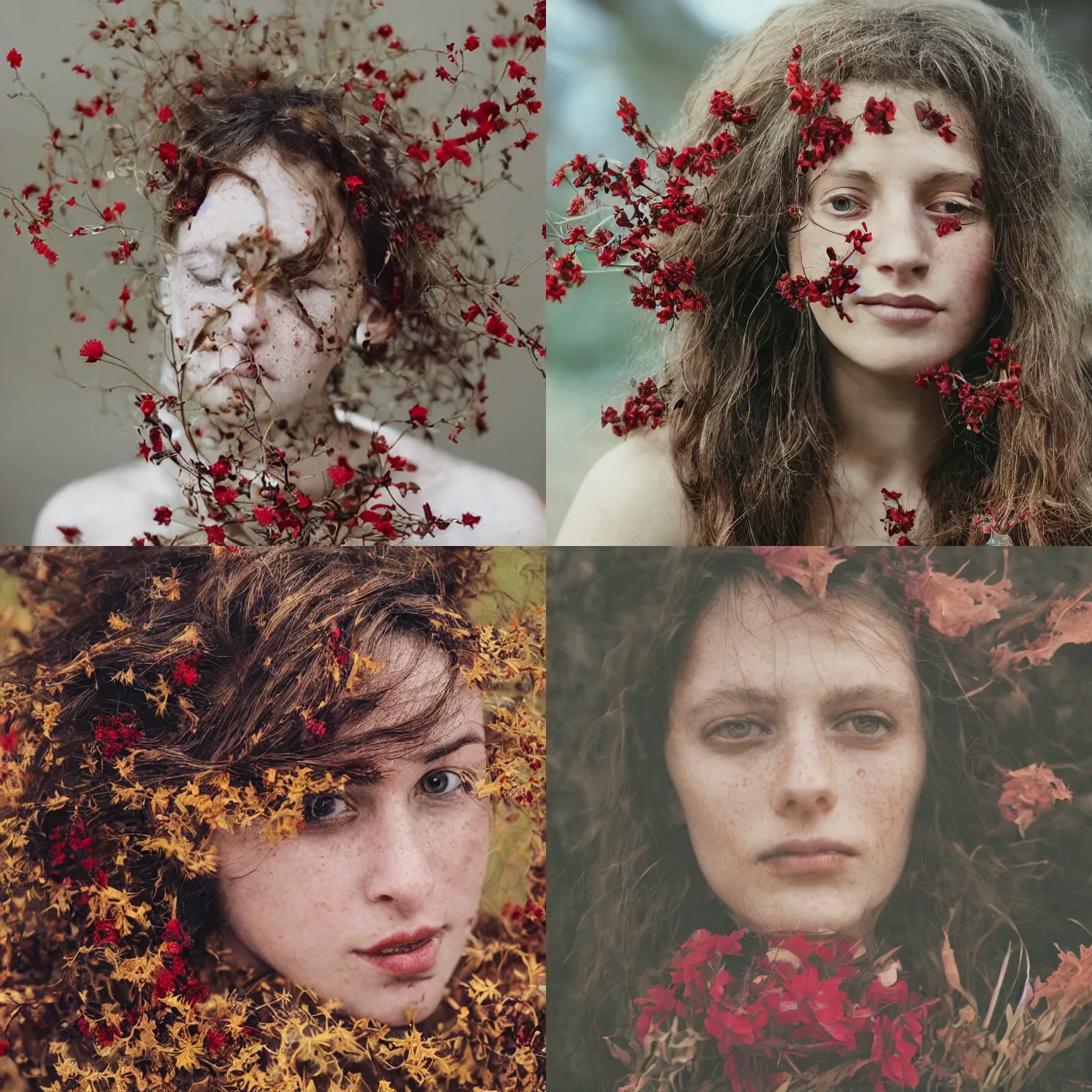 Prompt: An analog head and shoulder frontal face portrait photography of a freckled woman wearing surrounded by dark leaves and red flowers by Annie Leibovitz. long soft hair. Golden hour. Kodak Color Plus 200 film. Icelandic mood. detailed. hq. realistic. Rembrandt light style. swirly bokeh. warm light. muted colors. lens flare. photoreal. Medium format photography. Leica M9.