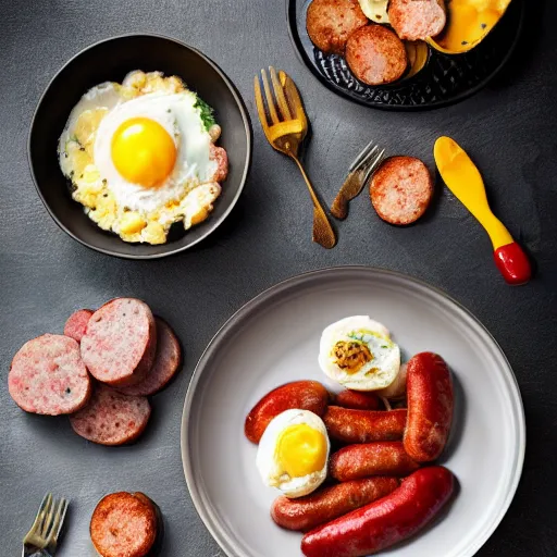 Image similar to bacon sausages scrambled eggs, hyper realistic, award winning food photography