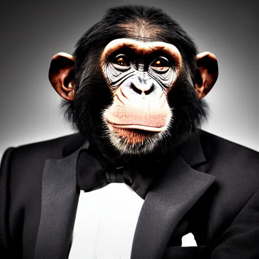 Prompt: A photograph of a chimp godfather, wearing a tuxedo, smoking cigar, dark background, studio lighting