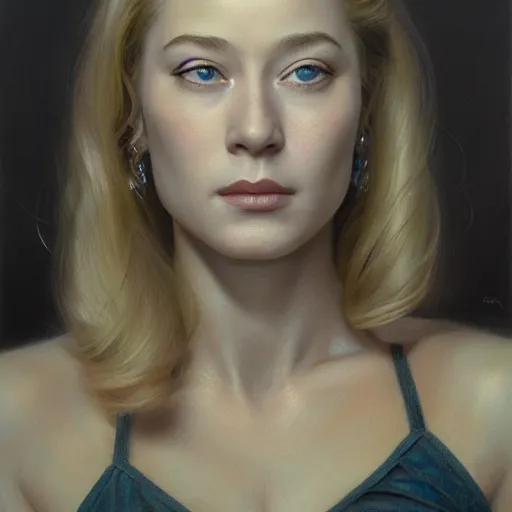 Image similar to photorealistic portrait of a beautiful young Cybil Shepherd, detailed, centered, digital painting, artstation, concept art, by donato giancola, Sean Yoro, Greg Rutkowski, trending on Artstation, Joseph Christian Leyendecker, WLOP, Boris Vallejo, dark, moody, foggy