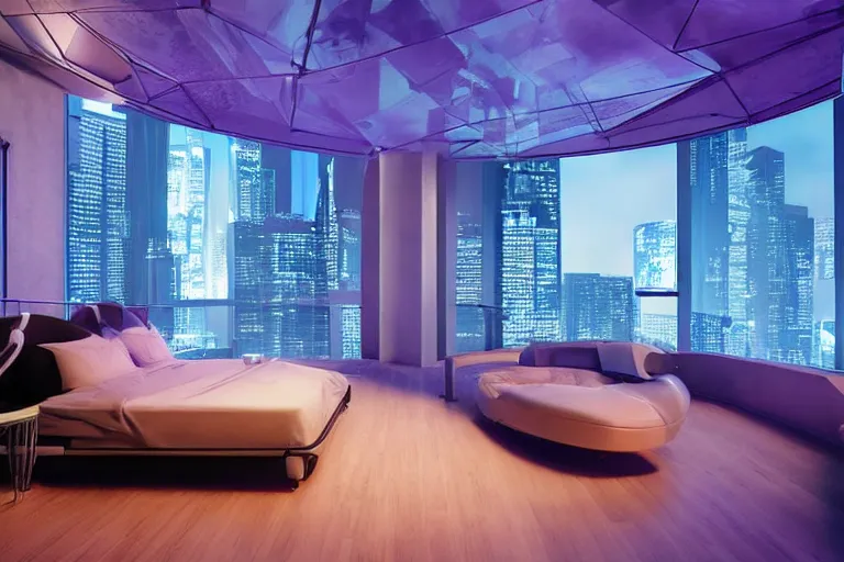 Image similar to a futuristic sparse bedroom with large curved ceiling high windows looking out to a far future cyberpunk cityscape, flying drones outside, night time, cyberpunk neon lights, raining