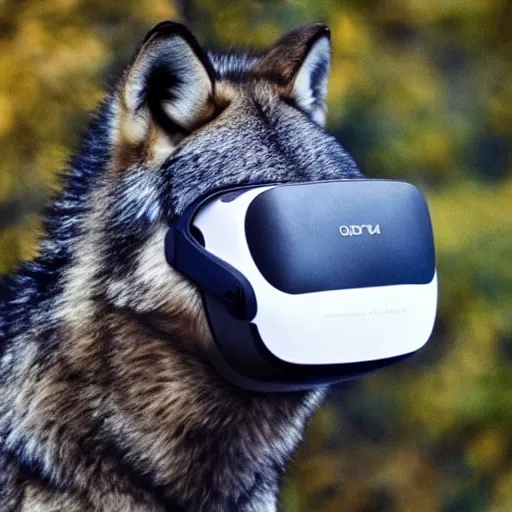 Prompt: a wolf wearing a VR headset on its head