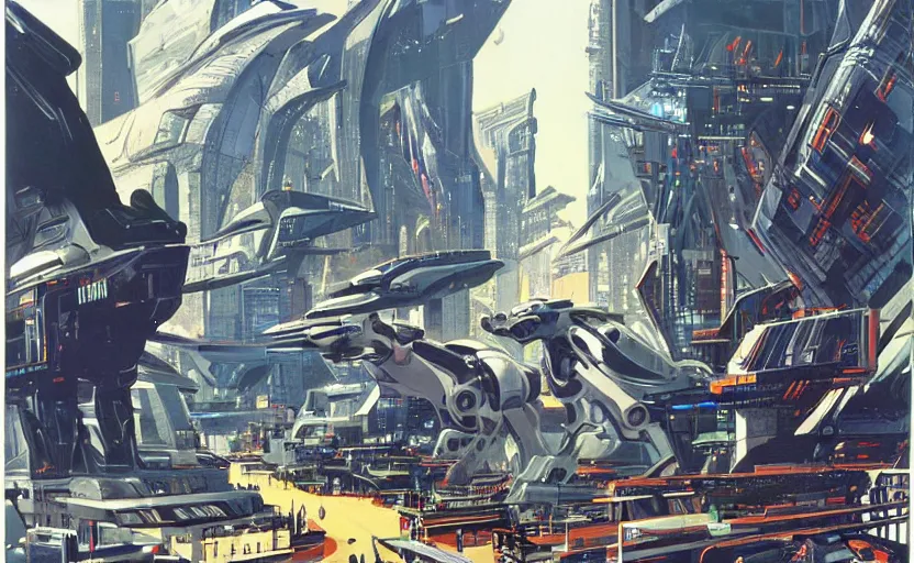 Image similar to cybernetic city overrun by gigantic robot birds, art by syd mead, extremely detailed, high quality,