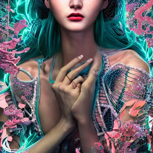 Image similar to the portrait of an absurdly beautiful, graceful, elegant, sophisticated, fashionable cyberpunk gravure idol, an ultrafine hyperdetailed illustration by kim jung gi, irakli nadar, hanna moon, leslie zhang intricate linework, bright colors, collage, porcelain skin, unreal engine 5 highly rendered, cgsociety, global illumination, radiant light, detailed and intricate environment