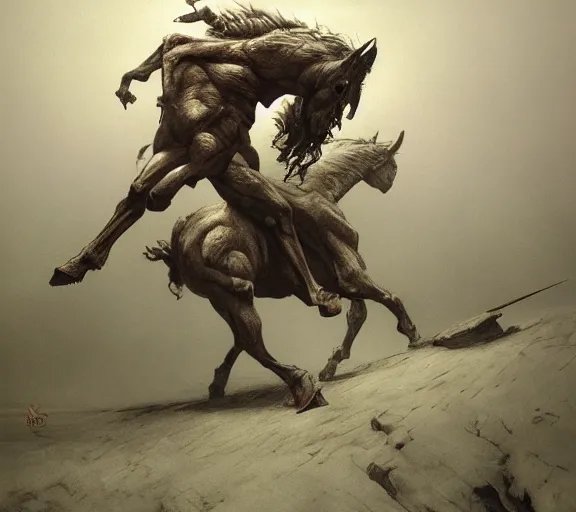 Image similar to centaur concept, bottom of the horse, upper torso of an armored warrior, beksinski, wayne barlowe, adrian smith fantasy art, the hobbit art, lord of the ring art, the witcher concept art, trending on artstation, game of throne art