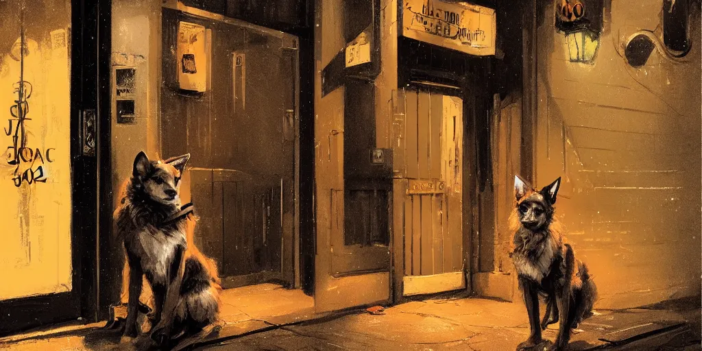 Image similar to a lady dog is waiting at the door of a jazz club, warm color palette, night time, dramatic lighting, noir film, character sheet, fine details, high contrast, blacksad, kim jung gi, greg rutkowski, trending on artstation, 8 k, front view, back view, ultra wide angle