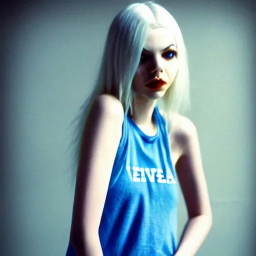 Prompt: aged film still taken of albino Victoria Justice dressed in a Nirvana tank-top and blue short shorts while she thinks a memory she thought she had but the memory was from the mind of the King of razor blades, Pinterest filter, complex detail added after taking the film still at 16K resolution, amazingly epic visuals, epically luminous image, amazing lighting effect, image looks gorgeously crisp as far as it's visual fidelity goes, absolutely outstanding image, perfect film clarity, amazing film quality, iridescent image lighting, mega-beautiful pencil shadowing, 16k upscaled image, soft image shading, crisp image texture, intensely beautiful image, large format picture, it's a great portrait of the highest quality, great Pinterest photo, Vogue portrait is masterfully lit, intricate, elegant, highly detailed, smooth, sharp focus, award-winning, masterpiece, in the style of Tom Bagshaw, Cedric Peyravernay, Peter Mohrbacher