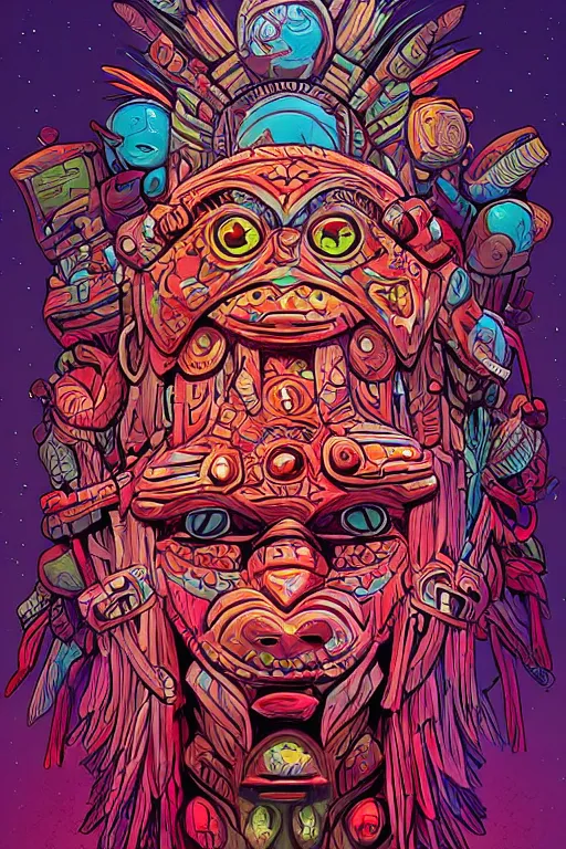 Image similar to totem animal tribal chaman vodoo mask feather gemstone plant wood rock video game illustration vivid color borderlands by josan gonzales and dan mumford radiating a glowing aura