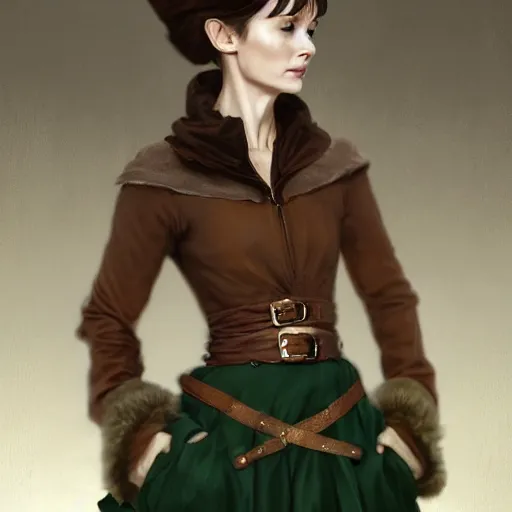 Image similar to a beautiful woman, beauty, looks like Audrey Hepburn, bard, brown hair, messy hairstyle, bangs, cream colored peasant shirt, brown pants, leather boots, dark green cloak, round hood, elf ears, youthful, white background, proportionate, by Greg Rutkowski and Tony Sart, trending on artstation, realistic, highly detailed, masterpiece