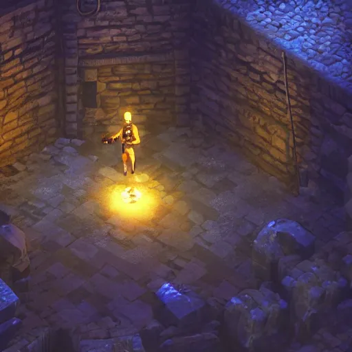 Image similar to a man holds a torch and explores a Dungeon, luminous,Screenshot from a videogame