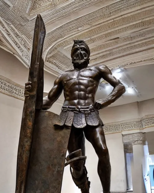 Prompt: a huge bronze statue of a spartan warrior holding his spear and shield, tehran, museum, onlookers