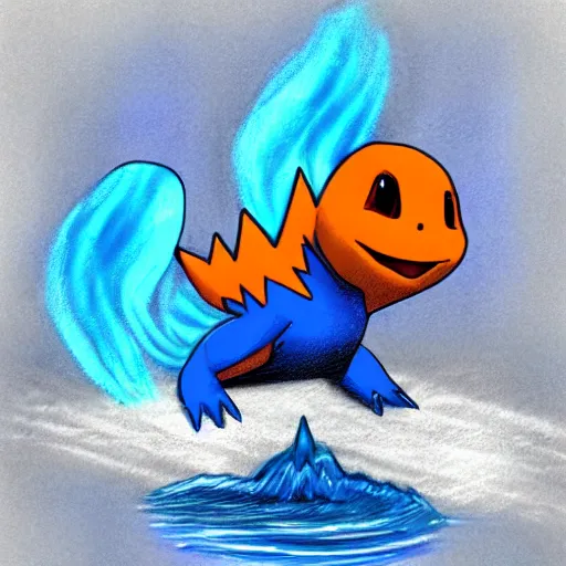 Prompt: sketch of a blue charmander ~ water powers ~ realistic ~ trending ~ ocean background ~