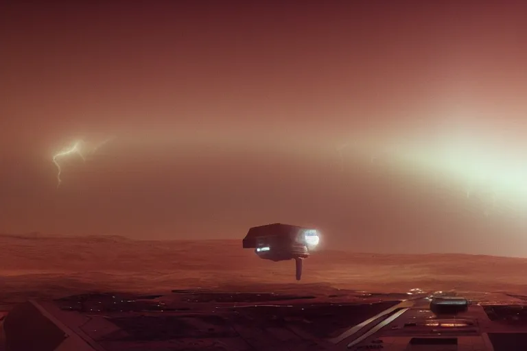 Prompt: a cinematic picture of cyberpunk cargo ship landing in a starport on mars, fog and lightnings, ridley scott and zack snyder, 8 k, hd, high resolution, 8 5 mm, f / 1. 8