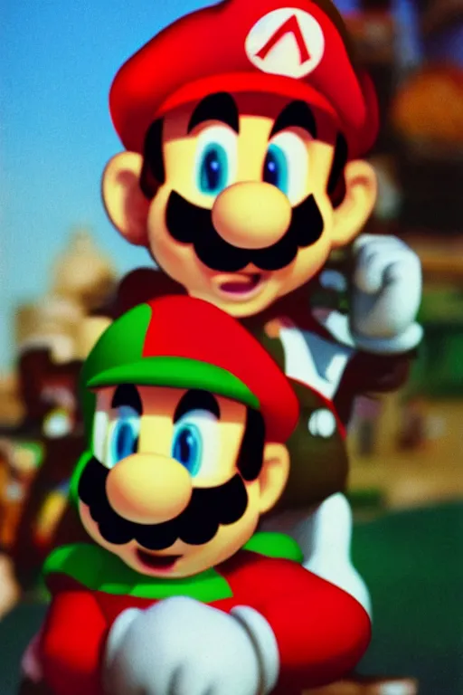 Image similar to 35mm photo of Mario from the video game Mario Bros., light leaks, kodachrome