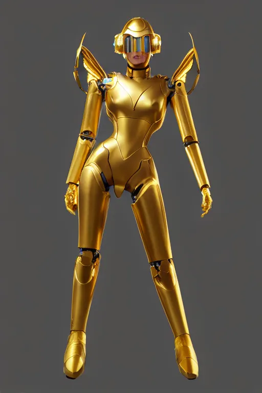 Image similar to maria of metropolis, humanoid robot, golden full body armor, deployed wings, beautiful helmet in the shape of a face, glowing yellow eyes, scifi, futuristic, raytracing, glowwave, sharp focus, cinematic lighting, artstation, divine, unreal engine 5 rendered, by fritz lang, art style by pixar warner bros dreamworks disney riot games and overwatch