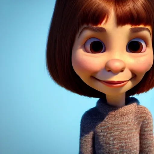 Image similar to A portrait of a mother, a cute 3d cgi toon woman with brown hair in a Bob, brown eyes, full face, olive skin, romanian heritage, medium shot, mid-shot, hyperdetailed, 8k, trending on artstation, as a Pixar character