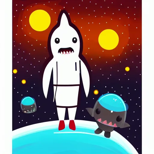 Prompt: cute shark in space suit walking in barren white desert at night, illustration