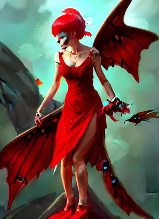 Image similar to Full-body illustration of tiny pixie, D&D fantasy, wearing a red dress, with large wings, intricate, highly detailed, digital painting, artstation, concept art, sharp focus, illustration, art by greg rutkowski and Ross Tran