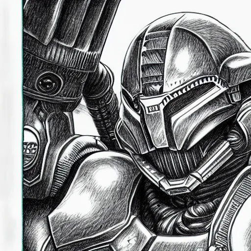 Prompt: a hyper - detailed pencil drawing of doom slayer by kentaro miura,