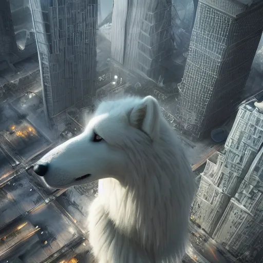Image similar to a giant samoyed statue in the middle of a futuristic dystopian city, view from the sky, intricate artwork by beeple, beautiful, cinematic lighting, heavy mist, octane render, trending on artstation, greg rutkowski very coherent artwork. cinematic, hyper realism, high detail, octane render, 8k