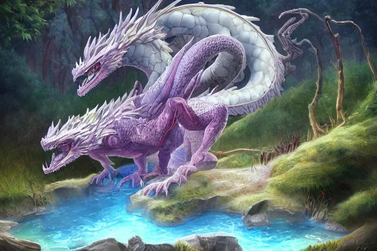 Image similar to highly detailed oil painting of a crytal dragon sitting in a steaming colorful hotspring with woodland forest backdrop, featured on artstation