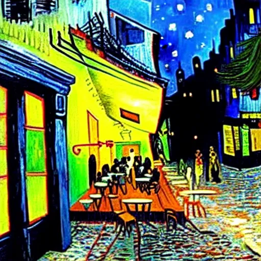 Image similar to Cyberpunk Cafe Terrace at night by Vincent Van Gogh