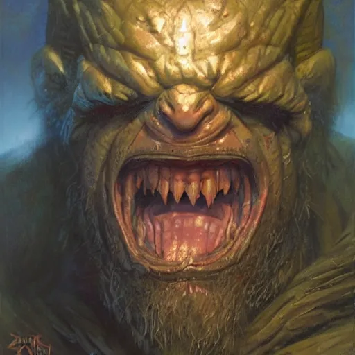 Image similar to orc warlord berserker, wielding a big hammer, stuning 3 d render, masterpiece, glowing aura, by donato giancola and greg rutkowski and wayne barlow and zdzisław beksinski, realistic face