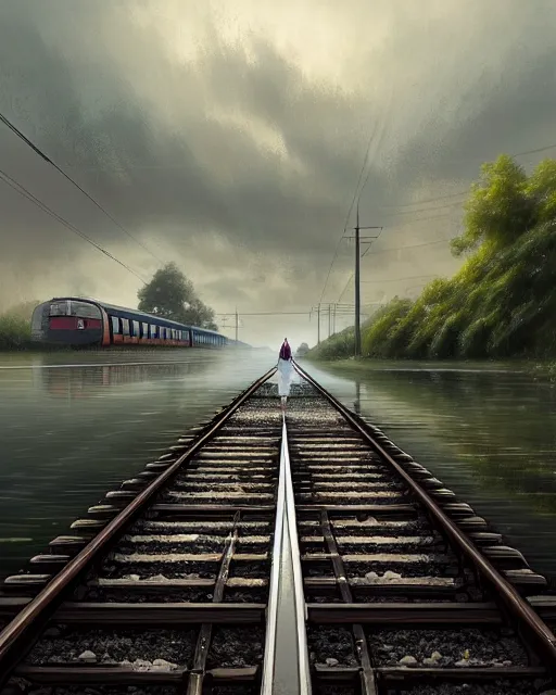 Image similar to submerged train tracks, reflective water, wide horison, girl walking and carrying shoes, train station in the distance, large white clouds, intricate, elegant, highly detailed, digital painting, artstation, concept art, smooth, sharp focus, illustration, art by artgerm and greg rutkowski and fra angelico