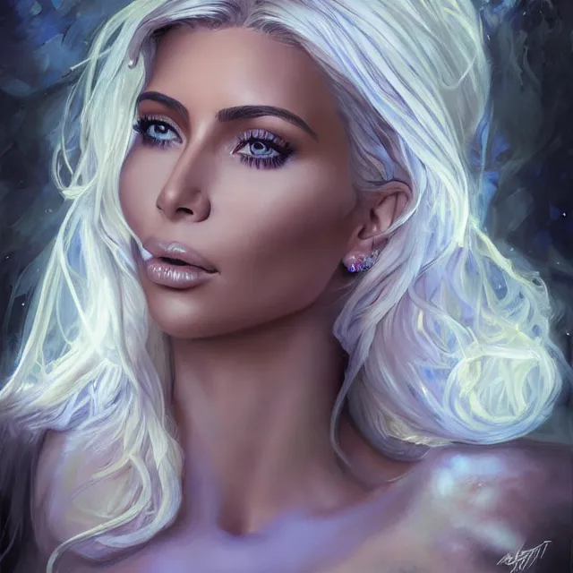 Image similar to Portrait of a mystical kim kardashian. Bright blue eyes, blonde hair, porcelain skin, full lips, oily chest, Fantasy art by artgerm and greg rutkowski and alphonse mucha, intricate, elegant, highly detailed, dramatic lighting, digital painting, concept art, illustration, award winning on artstation, D&D, AD&D.