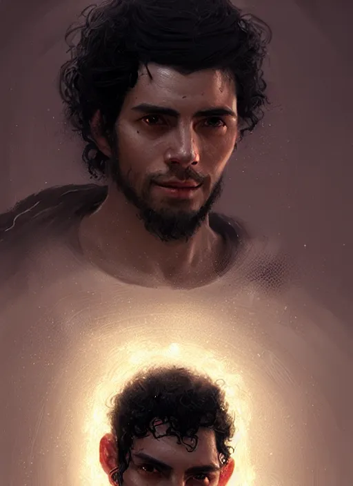 Prompt: portrait of an ancient traveller, a rough young man with black hair, intricate, elegant, glowing lights, highly detailed, digital painting, artstation, concept art, smooth, sharp focus, art by wlop, mars ravelo and greg rutkowski