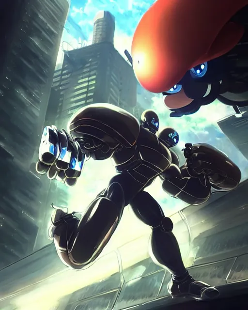 Prompt: gigachad luigi charging ultimate attack fighting a scifi mech like one punch man wearing a suit in the city, fantasy character portrait, ultra realistic, anime key visual, concept art, intricate details, highly detailed by greg rutkowski, ilya kuvshinov, gaston bussiere, craig mullins, simon bisley